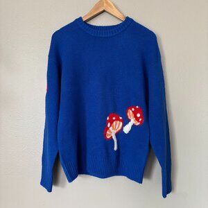 Forever 21 Royal Blue Knit Crewneck Pullover Sweater with Mushroom Design Y2K